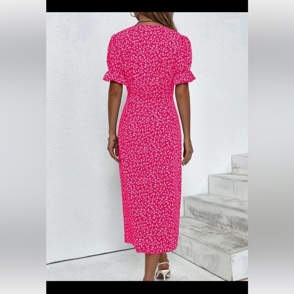 NWT SHEIN VCAY Ditsy Floral Puff Sleeve Button Detail Wrap Hem Dress - Picture 2 of 2